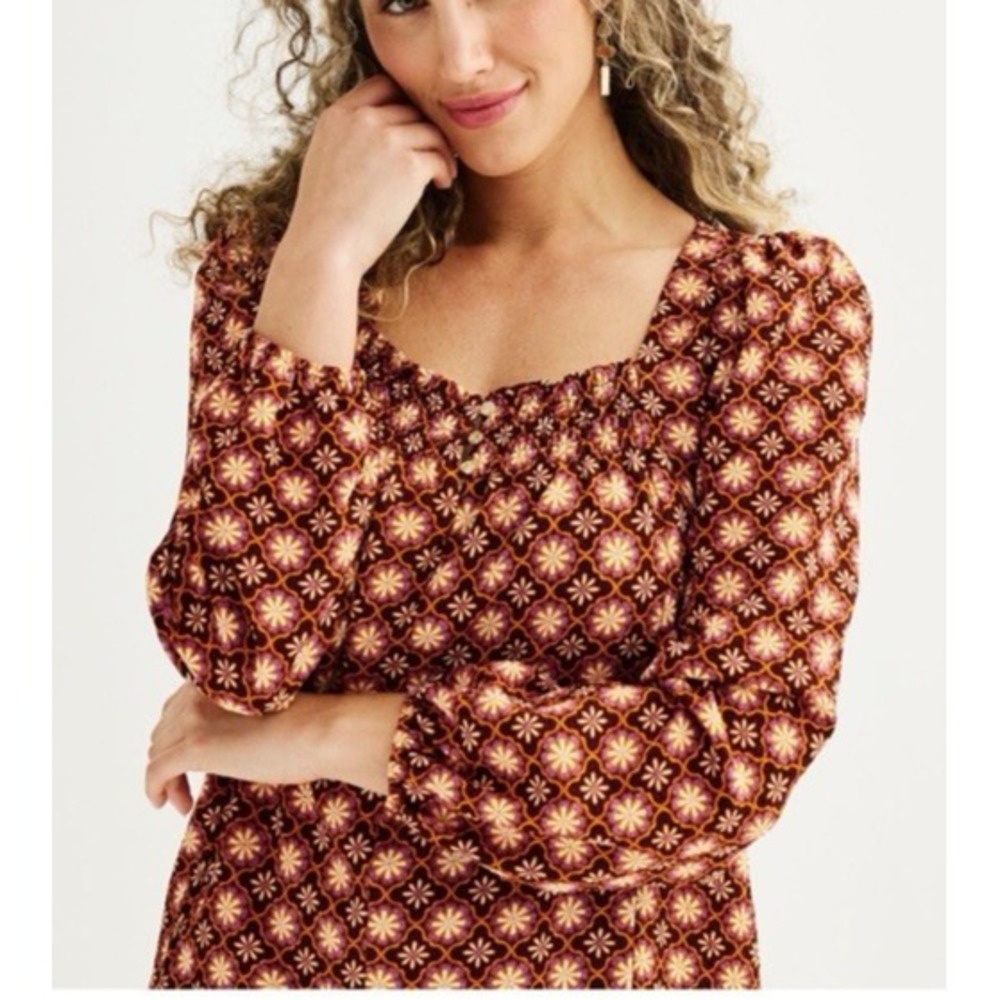 NEW Draper James Womens L Top Brown Purple Geo Print Square Neck Long Sleeve NWT